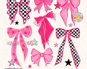 Pink Checkered Bows PNG Digital Design, retro bows png, checkers png, png for girls, girly tshirt designs, coquette png, trendy women png