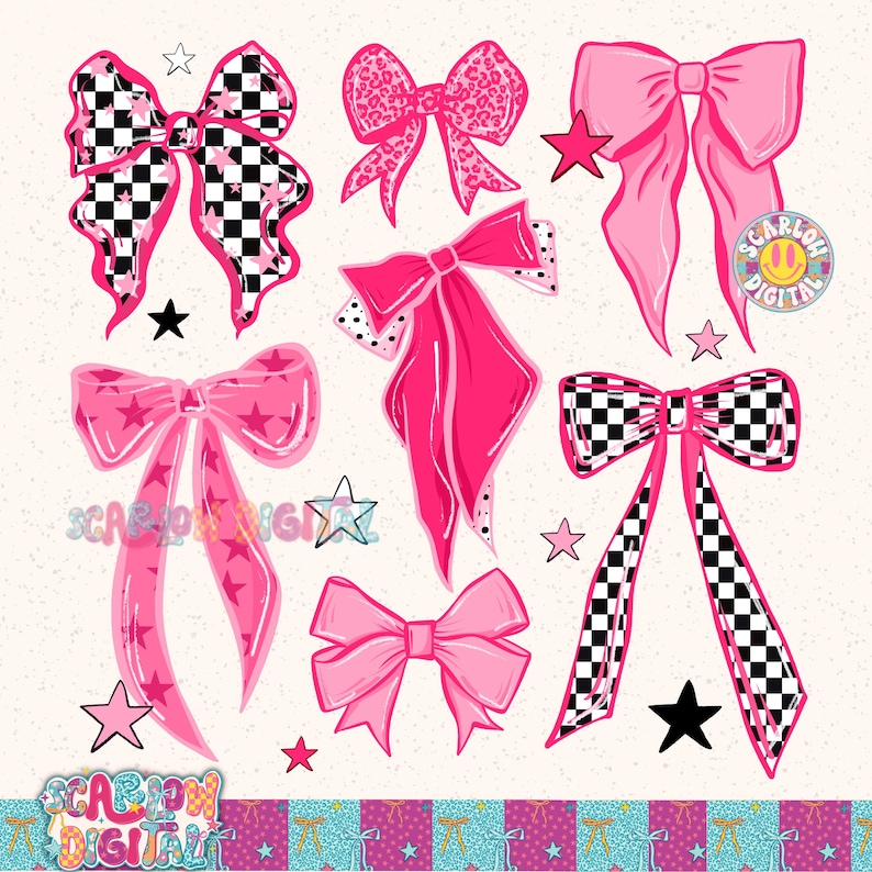 May include: A collection of pink bows with various patterns, including checkered, leopard print, and star designs. The bows are accompanied by star and bow graphics. The image has the text "SCARLOH DIGITAL" in the bottom corners.