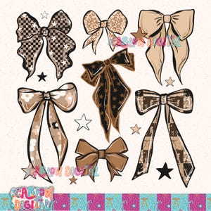May include: A collection of digitally illustrated bows in various patterns and colors. Designs include checkered, leopard print, and star patterns in shades of brown, tan, and black. Some bows have long, flowing tails, and the image includes star accents.