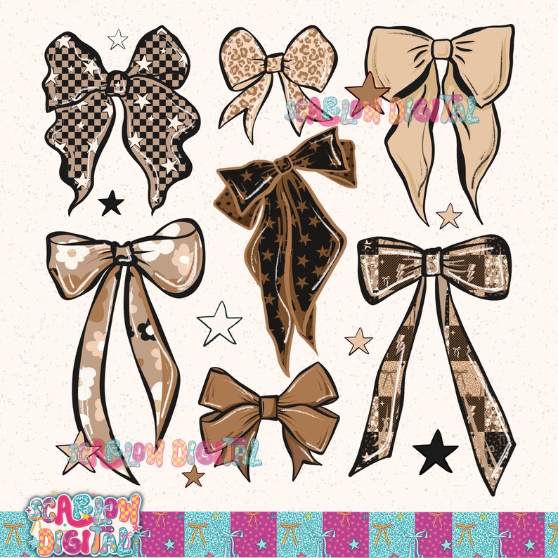 May include: A collection of digitally illustrated bows in various patterns and colors. Designs include checkered, leopard print, and star patterns in shades of brown, tan, and black. Some bows have long, flowing tails, and the image includes star accents.