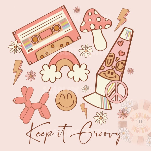 Keep it Groovy PNG Sublimation Digital Design Download, girl png designs, animal balloon png, rainbow png, lava lamp png, peace sign png