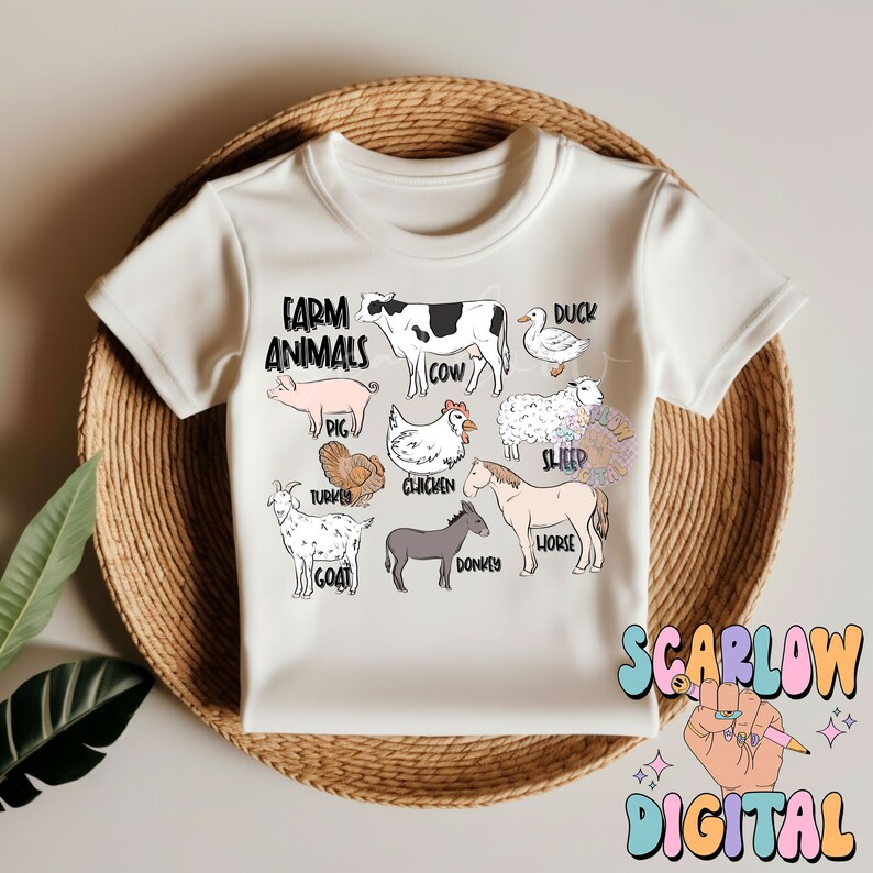May include: White t-shirt with a graphic of farm animals, including a cow, pig, chicken, sheep, duck, turkey, goat, donkey, and horse. The text "Farm Animals" is at the top of the graphic.
