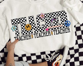 Teacher PNG Digital Design, back to school design, retro png, png for teachers, checkers png, trendy design, retro teacher png designs