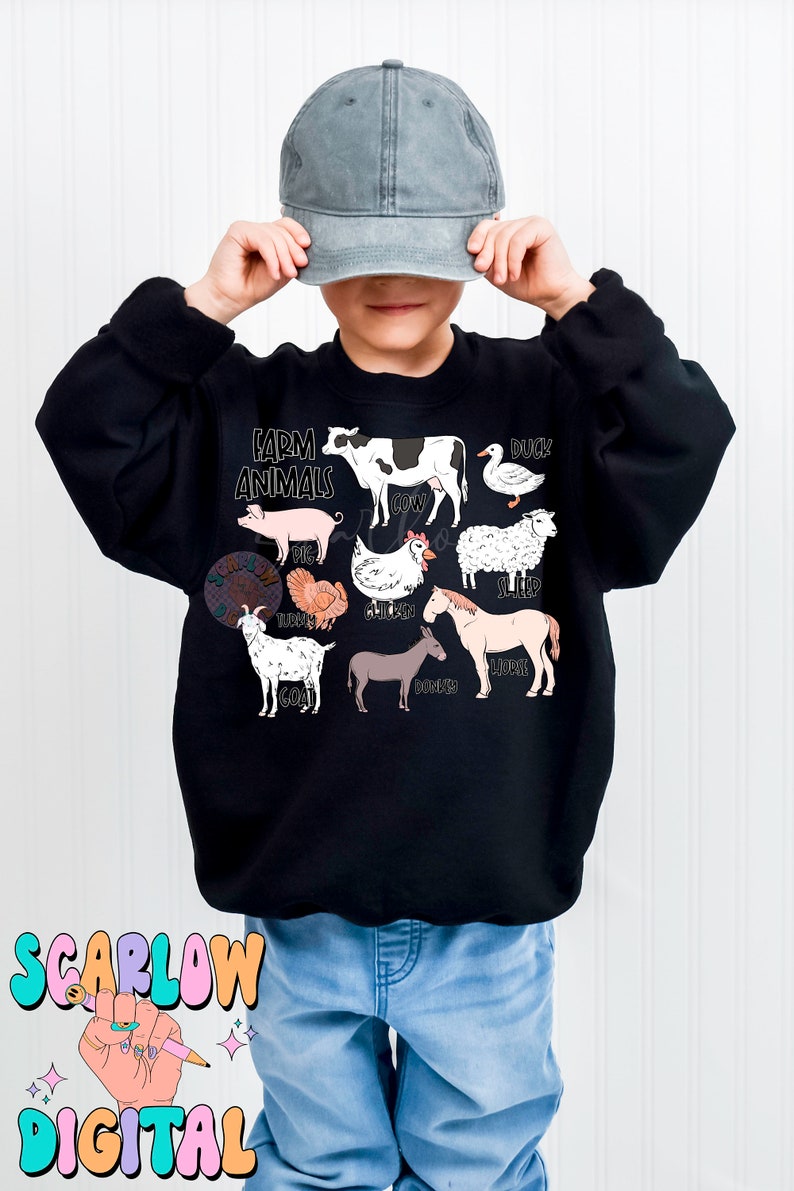 May include: A black sweatshirt with a graphic of farm animals and the text "Farm Animals" printed on the front. The graphic includes a cow, pig, duck, sheep, turkey, chicken, goat, donkey, and horse. The sweatshirt is being worn by a child wearing a gray baseball cap and blue jeans.
