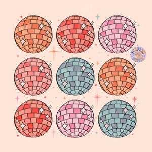 May include: Nine colorful disco ball illustrations with a pink background. The disco balls are in various shades of pink, orange, and blue. Each disco ball has a white star shape in the center.