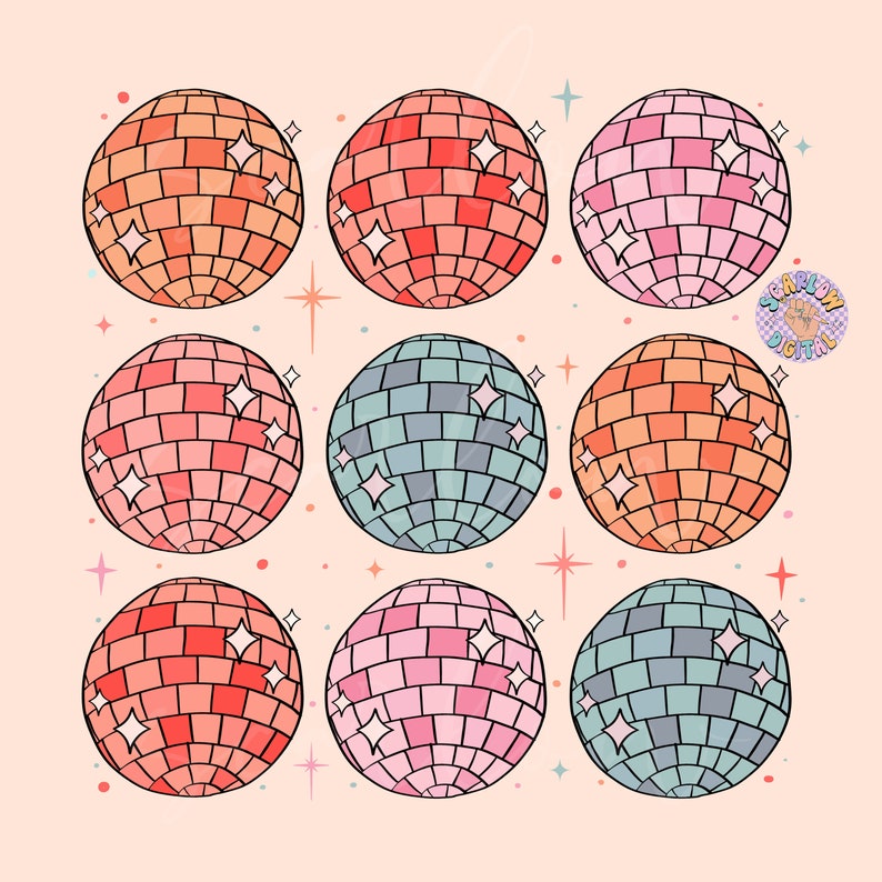 May include: Nine colorful disco ball illustrations with a pink background. The disco balls are in various shades of pink, orange, and blue. Each disco ball has a white star shape in the center.