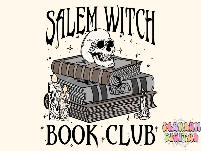 Salem Witch Book Club PNG-Halloween Sublimation Digital Design Download-book reader png, spell book png, spooky season png, witchcraft png image 1