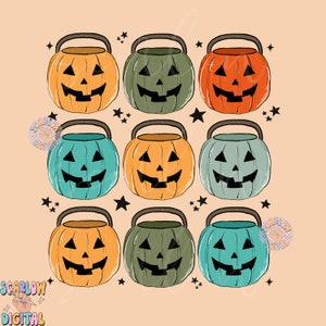 Puede incluir: Nueve cubos de calabaza de Halloween en varios colores, incluyendo naranja, verde y azul. Cada cubo tiene una cara amigable de calabaza con una sonrisa de dientes.
