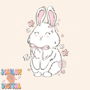 May include: A white bunny with pink ears and a pink bow sits surrounded by pink and white flowers. The bunny has a happy expression and is looking to the right.