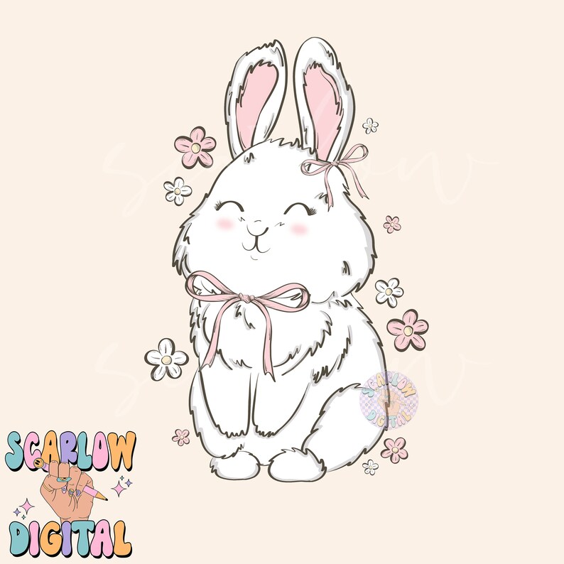 May include: A white bunny with pink ears and a pink bow sits surrounded by pink and white flowers. The bunny has a happy expression and is looking to the right.