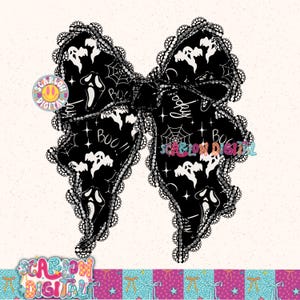 May include: Black Halloween-themed bow with white ghost and spiderweb patterns. The bow features the words "Boo!!" and "Spooky" in white script. The edges are trimmed with a delicate lace.