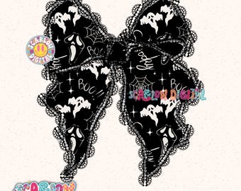 Laced Spooky Bow PNG Digital Design, lace detail png, ghosts png, coquette png, halloween bows png, spooky season png, little girl png file