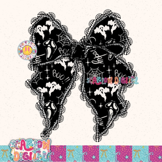 Laced Spooky Bow PNG Digital Design, lace detail png, ghosts png, coquette png, halloween bows png, spooky season png, little girl png file