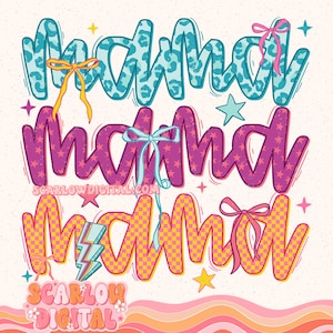 May include: Three variations of the word "mama" in different colors and patterns. The top word is blue with a leopard print, the middle word is purple with stars, and the bottom word is yellow with a checkered pattern. Each word has a pink bow.