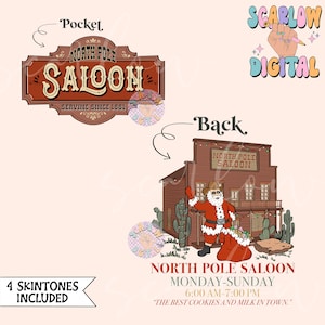 May include: A digital illustration of a Western-style saloon with a sign that reads "North Pole Saloon, Serving Since 1881". Santa Claus is standing in front of the saloon, waving. The text below the saloon reads "North Pole Saloon, Monday-Sunday, 6:00 AM-7:00 PM, "The Best Cookies and Milk in Town."