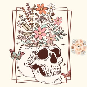 Floral Skull PNG Sublimation Digital Design Download, flowers png, skeleton png, butterfly png, trendy png, boho png, retro png, women png