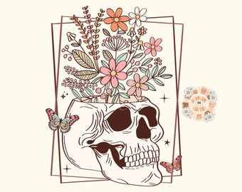 Floral Skull PNG Sublimation Digital Design Download, flowers png, skeleton png, butterfly png, trendy png, boho png, retro png, women png