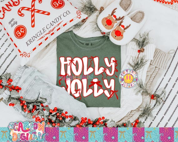 Holly Jolly PNG Digital Design, lace trim png, bows png, coquette christmas png, traditional xmas png, holidays png, girly christmas designs