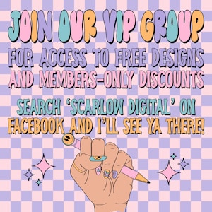 K&ouml;nnte beinhalten: Digitalgrafik in Pastellfarben mit dem Text "JOIN OUR VIP GROUP". Das Bild wirbt f&uuml;r kostenlose Designs und Rabatte f&uuml;r Mitglieder. Eine Hand h&auml;lt einen rosa Stift mit einem Smiley.