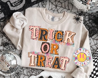 Trick or Treat PNG Digital Design, retro halloween png, patchwork letters png, vintage halloween font png, cute spooky aesthetic png designs