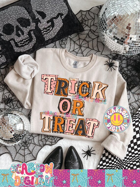 Trick or Treat PNG Digital Design, retro halloween png, patchwork letters png, vintage halloween font png, cute spooky aesthetic png designs