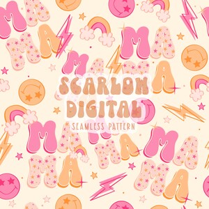 Patrón sin costuras de mamá: diseño digital de sublimación retro: descarga de patrones repetidos, archivo sin costuras de mamá niña, diseño de patrón sin costuras de arcoíris