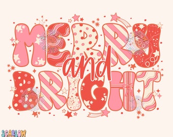 Merry and Bright PNG Digital Design Download, preppy christmas designs, candy cane png, girly christmas png, coquette christmas designs