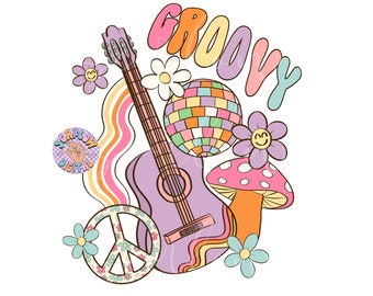 Groovy PNG Sublimation Digital Design Download-hippie png, retro png, guitar png, disco ball png, retro flower png, peace sign png, girl png
