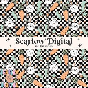 May include: A seamless pattern featuring black and white checkered squares, green carrots, white bunnies with pink noses, blue lightning bolts, and yellow stars. The text "Scarlow Digital" appears in the center of the image.