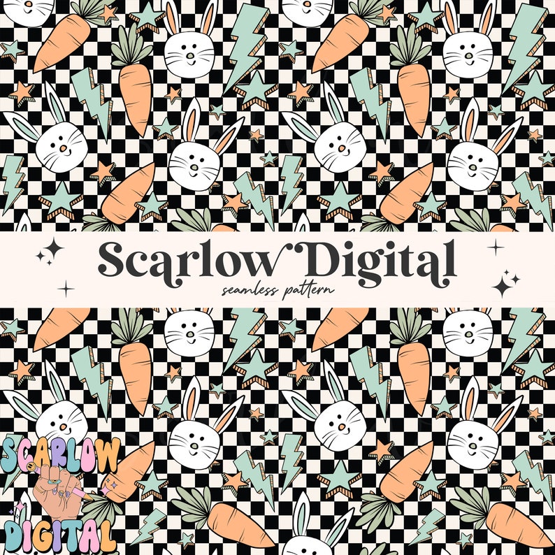 May include: A seamless pattern featuring black and white checkered squares, green carrots, white bunnies with pink noses, blue lightning bolts, and yellow stars. The text "Scarlow Digital" appears in the center of the image.
