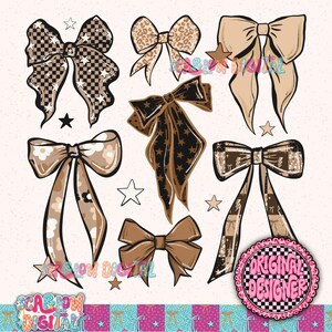 May include: A collection of digitally designed bows in various styles and patterns. The bows feature designs such as leopard print, stars, and checkered patterns. The color palette includes shades of brown, tan, and black, with accents of white and pink. The image includes the text "Original Designer".