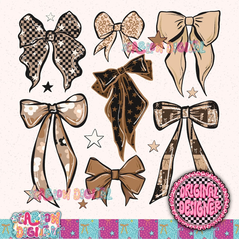 May include: A collection of digitally designed bows in various styles and patterns. The bows feature designs such as leopard print, stars, and checkered patterns. The color palette includes shades of brown, tan, and black, with accents of white and pink. The image includes the text "Original Designer".