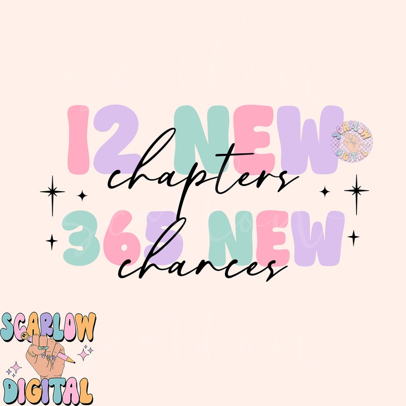 May include: A colorful graphic design with the text "12 NEW chapters 365 NEW chances" in a pastel color palette. The design features a pink, purple, and green color scheme with a white background.