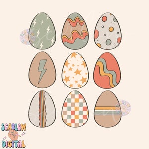May include: Nine Easter eggs with different retro patterns. The eggs are in various colors, including green, blue, orange, yellow, and brown. The patterns include lightning bolts, stars, wavy lines, and polka dots.