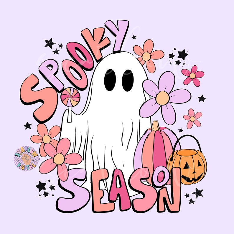 Pu&ograve; includere: Grafica rosa e bianca con il testo "Spooky Season" e un fantasma, caramelle, zucche e stelle.