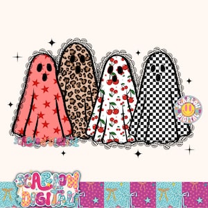Cherry Spooky Ghosts PNG Digital Design, lace halloween png, spooky season png, retro cherries png, checkered png, fall png, png for women