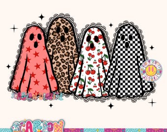 Puede incluir: Cuatro ilustraciones de fantasmas con patrones únicos: un fantasma rosa con estrellas rojas, un fantasma con estampado de leopardo, un fantasma blanco con cerezas rojas y un fantasma a cuadros blanco y negro. Cada fantasma tiene un ribete de encaje negro.