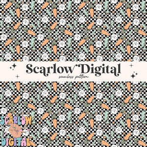 May include: A seamless pattern featuring white bunnies with carrots, lightning bolts, and stars on a black and white checkered background. The text "Scarlow Digital" appears at the bottom of the image.