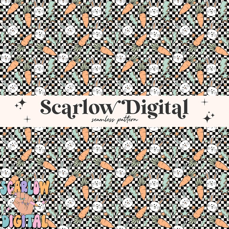 May include: A seamless pattern featuring white bunnies with carrots, lightning bolts, and stars on a black and white checkered background. The text "Scarlow Digital" appears at the bottom of the image.