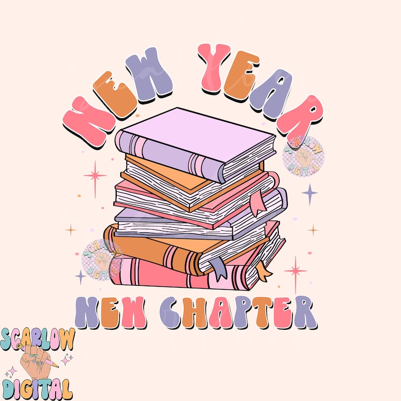May include: A stack of colourful books with the text "New Year New Chapter" in a retro font. The books are stacked on top of each other and have different colours and designs.