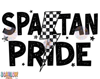May include: Black and white graphic design with the text "Spartan Pride" in a distressed font. A checkered racing flag design is incorporated into a lightning bolt shape.