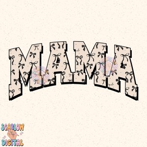 Puede incluir: Patr&oacute;n de lazos negros y blancos sobre un fondo beige, formando la palabra "MAMA" en una fuente negrita y con contorno.