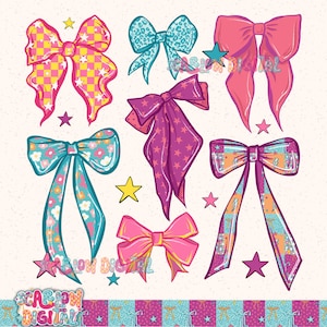 May include: A collection of colorful bows in various designs. The bows feature patterns like checkered, floral, and leopard print, with accents of stars. Colors include pink, teal, purple, and yellow. The image has a whimsical, cartoon-like style.