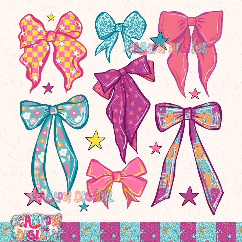 May include: A collection of colorful bows in various designs. The bows feature patterns like checkered, floral, and leopard print, with accents of stars. Colors include pink, teal, purple, and yellow. The image has a whimsical, cartoon-like style.