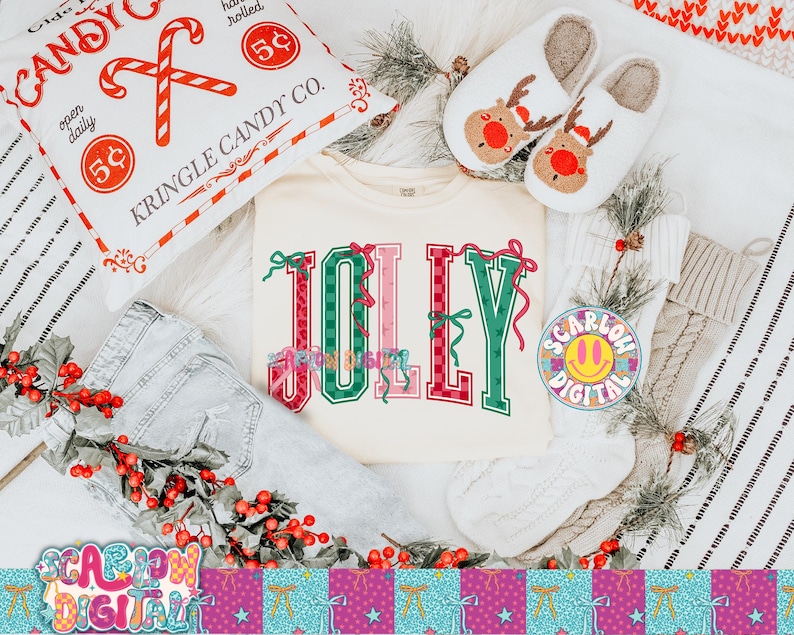 Jolly with Bows PNG Digital Design, Christmas png, retro christmas designs, coquette bows png, traditional xmas png, christmas girl designs bild 2