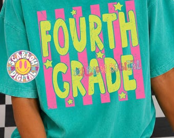 May include: A teal short-sleeve t-shirt featuring a graphic design with vertical pink stripes and the text "FOURTH GRADE" in large, distressed lime green letters. The design includes small yellow star accents and a circular logo on the left side.