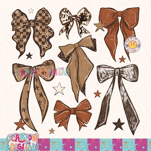 Puede incluir: Una colecci&oacute;n de lazos ilustrados digitalmente en varios estilos y patrones. Los lazos presentan una gama de colores, incluyendo marr&oacute;n, beige y blanco, con dise&ntilde;os de estrellas y cuadros. Algunos lazos tienen un patr&oacute;n de piel de vaca. Estrellas dispersas completan el dise&ntilde;o.
