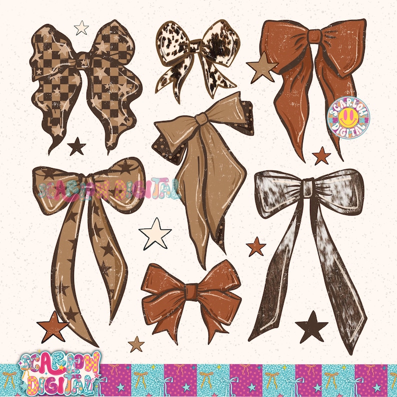 Puede incluir: Una colecci&oacute;n de lazos ilustrados digitalmente en varios estilos y patrones. Los lazos presentan una gama de colores, incluyendo marr&oacute;n, beige y blanco, con dise&ntilde;os de estrellas y cuadros. Algunos lazos tienen un patr&oacute;n de piel de vaca. Estrellas dispersas completan el dise&ntilde;o.