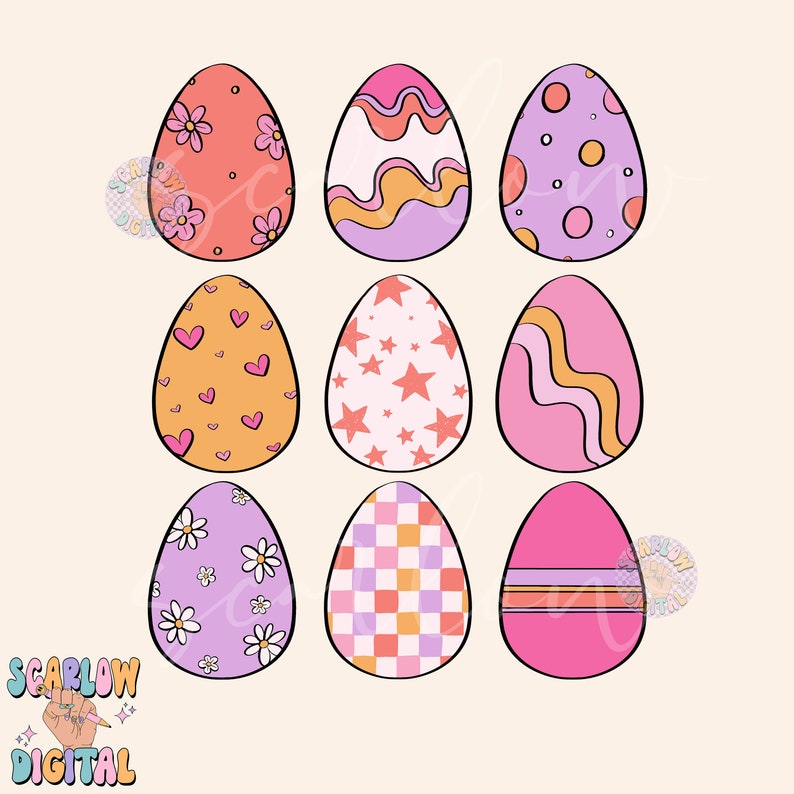 May include: Nine colorful Easter eggs with different patterns, including hearts, stars, flowers, wavy lines, and polka dots. The eggs are all pink, orange, purple, and white.