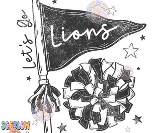 Let's Go Lions PNG Digital Design Download, pom pom png, football png, sports png, single color png, school spirit png, team spirit png